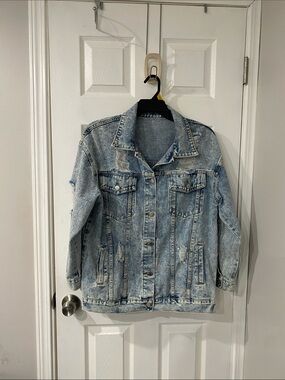 Women’s Light Wash Distressed Denim jean oversized  Jacket